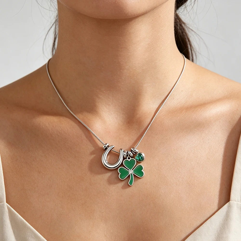 Lucky Horseshoe Charm Necklace Stainless Steel Snake Chain Heart Clover Cross Pendant Necklace Fashion Party Jewelry Gift Women