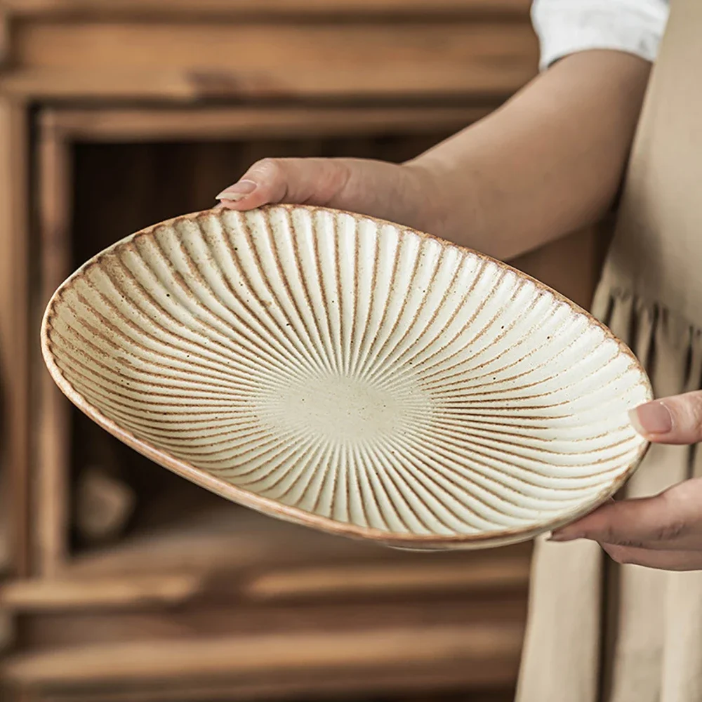 Relief Pattern Oval Plate Retro Ceramic Coarse Pottery Tableware Household Vegetable Fish Fruit Plates Kitchen Supplies