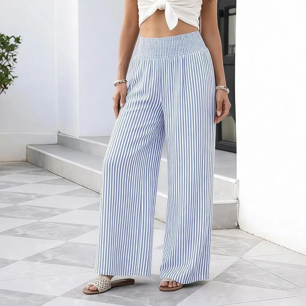 Women Pants Women’s Striped Wide Leg Pants Summer Trousers with Elastic Waist Breathable Loose Fit Palazzo Pants with Pockets