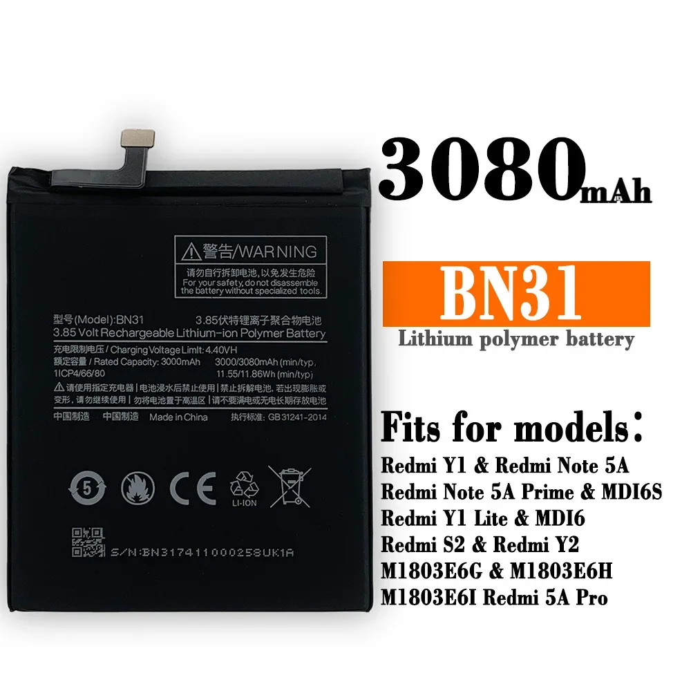 BN31 3080mAh Battery For Xiaomi Mi 5X Mi5X Redmi Note 5A Pro Mi A1 Redmi Y1 Lite S2 BN31 Lithium Battery