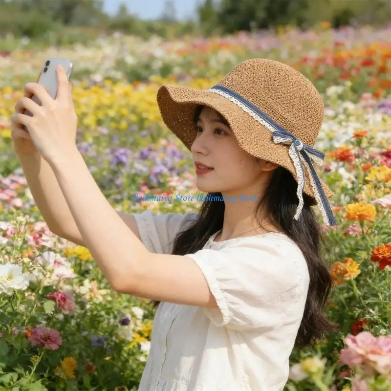 

573B Elegant Bows Decorated Wide Border Sun Hat Foldable Beach Hat for Women with Adjustable Head Size and Sun