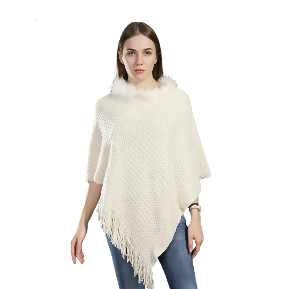 Women Spring Autumn Knitted Poncho Lady Fur Collar Shawl Solid Color Pullover Sweater with Tassels Loose Plaid Design Fall Wrap