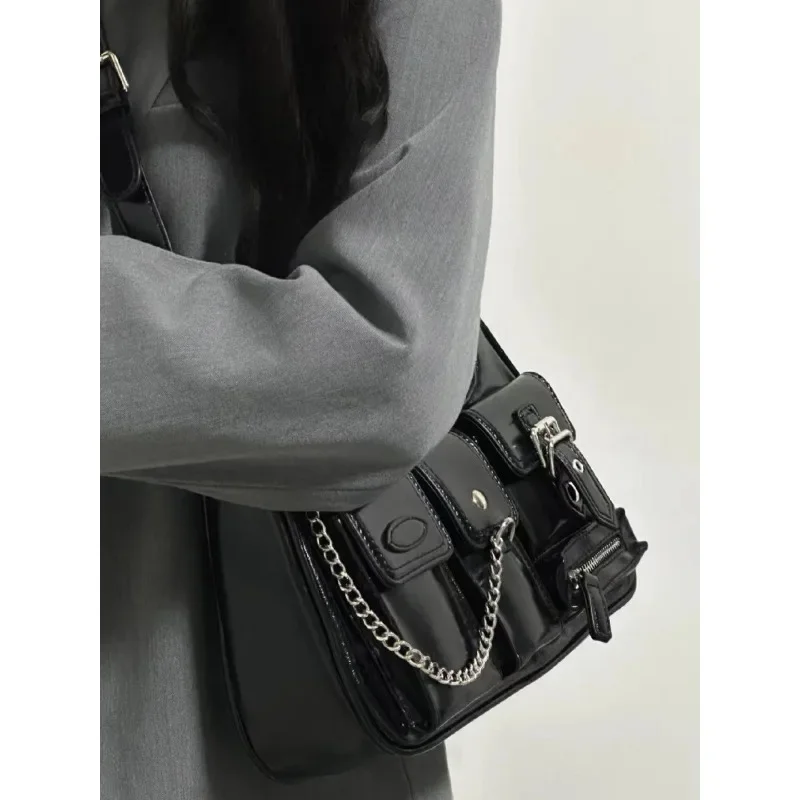 Xiuya Y2k Moto Biker Handbags for Women 2023. Gothic Fashion High Street Shoulder Bag Black Patent Leather Casual Coin Purse