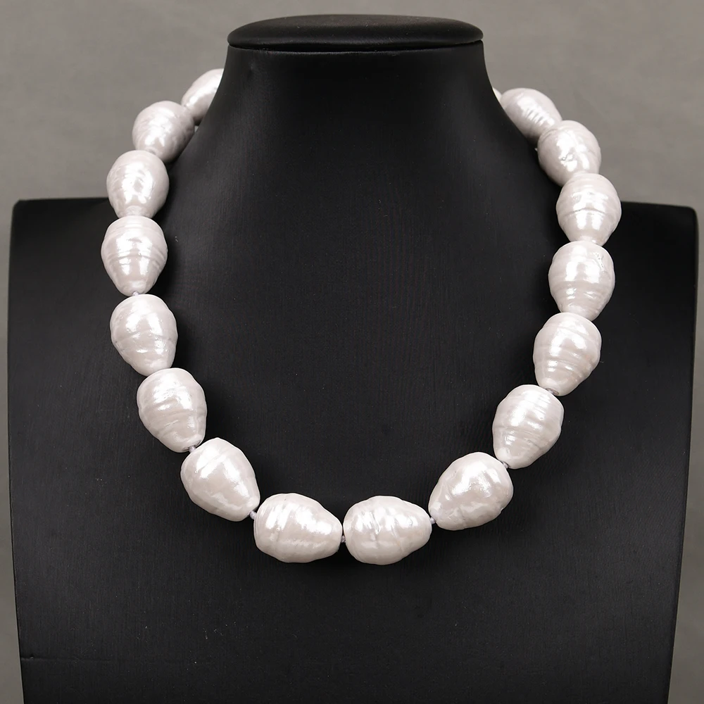 G-G 18'' Big Natural White Thread Baroque Sea Shell Water drop Mother Of Pearl Chokers Necklace CZ Clasp