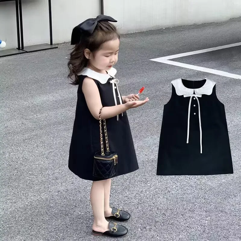 Classic Black Dress Girls' Dress Summer New Western Style Sleeveless Doll Collar Vest Dress Princess Dress Fashion