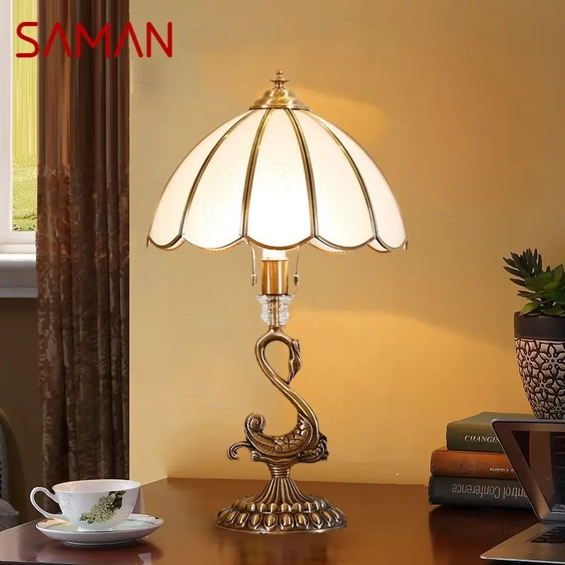 SAMAN Modern Swan Copper Table Lamps LED Creative Retro Brass Glass Desk Light for Home Living Room Bedroom Study Decor