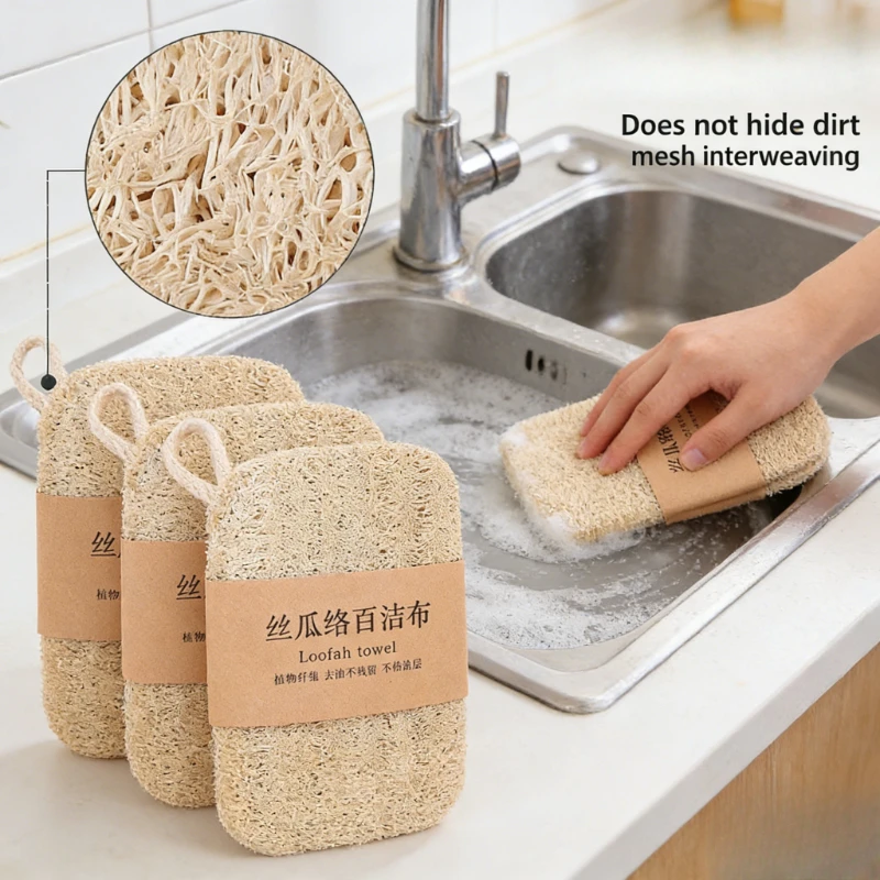 Natural Loofah Sponge for Dishwashing Reusable Vegetable Fiber Environmentally Friendly Oil Free Kitchen Cleaning Pad with Hangi