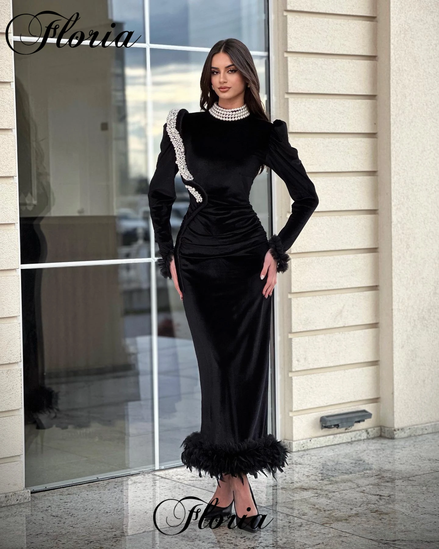 Vestidos Elegantes De terciopelo negro para celebridades, Vestidos De sirena hasta el té para ocasiones formales, Vestidos De cóctel con perlas, Vestidos De Noche