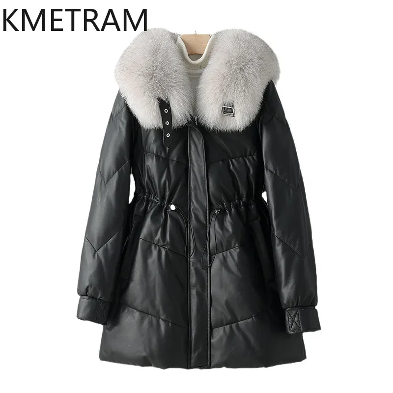 White Goose Down Puffer Jacket Women Clothing Natural Sheepskin Mid Length Down Coats Fox Fur Collar 2024 Winter Jackets пуховик