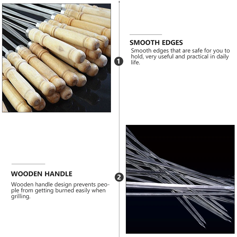 

25Pcs Large Wooden Handle Bbq Skewers Strong Stainless Steel Flat Reusable Skewer for Even Cooking Outdoor Grilling Family