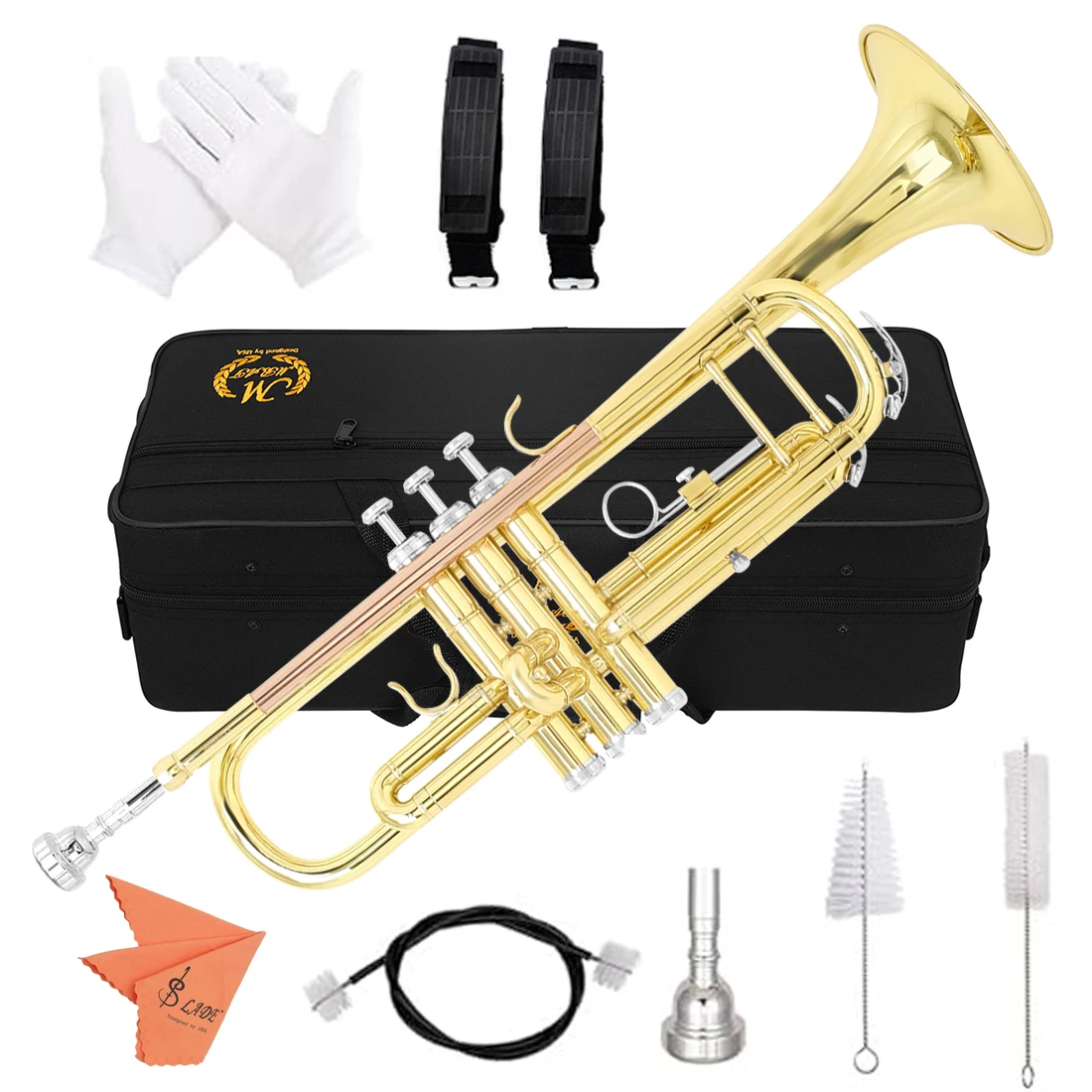 Phosphorus Gold Bb Standard Trumpet Set Brass Student Beginners Trumpet Instruments with Box 7C Blowing Nozzle Gloves