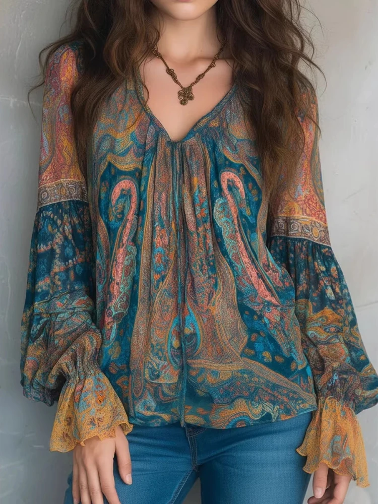 Ethnic Women Vintage Bohemian Tops Ruffled Long Sleeve V-Neck Casual Blouse Shirts Fashion Paisley Printed Boho Beach T-Shirts view 3