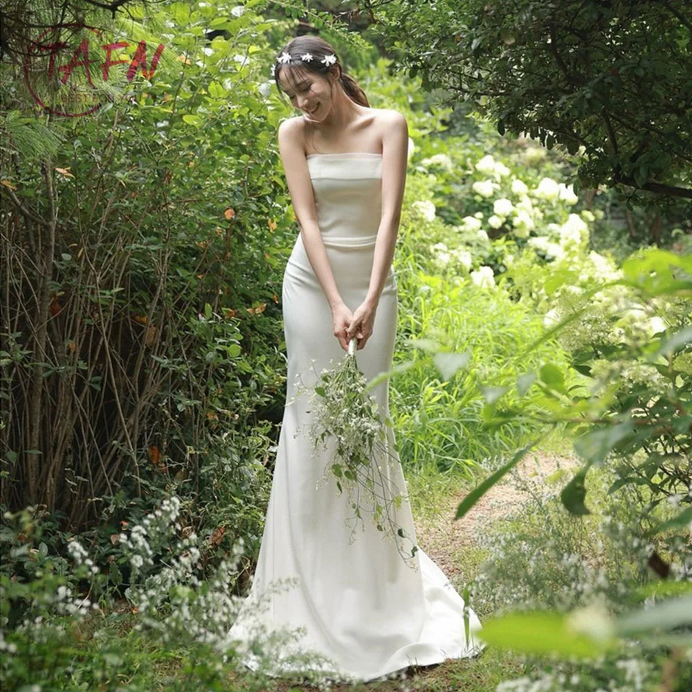 TAFN Strapless Simple Wedding Reception Dresses Korea A-line Sweep Train Bridal Gown Elegant Wedding Photo Shoot Dress