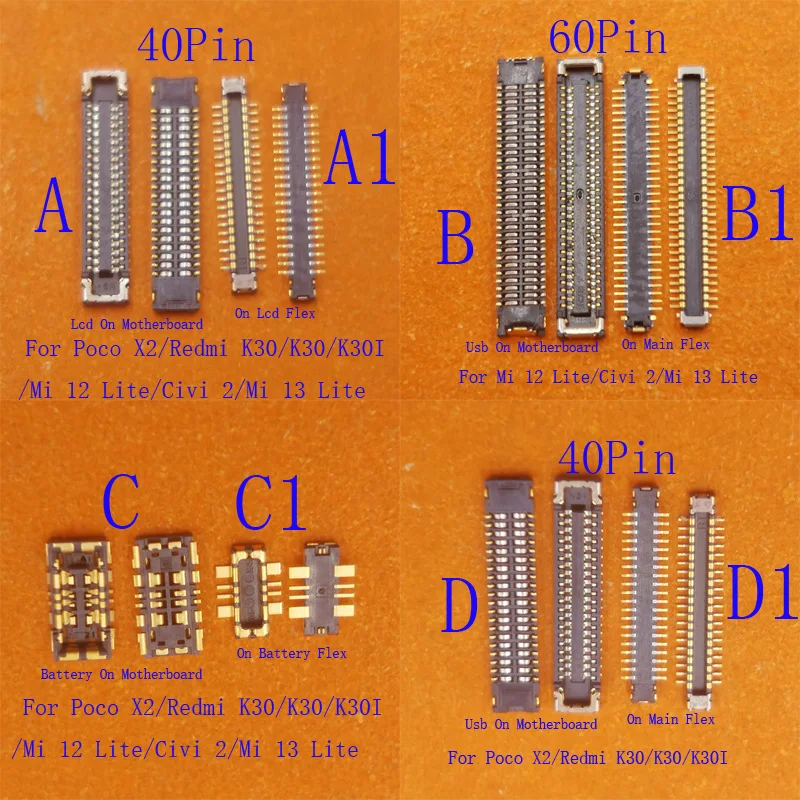 1-10Pcs Lcd Display Screen USB Charging FPC Connector Plug For Xiaomi Poco X2 Mi 12 13 Mi13 Lite Civi 2 Redmi K30 K30I 40 60 Pin