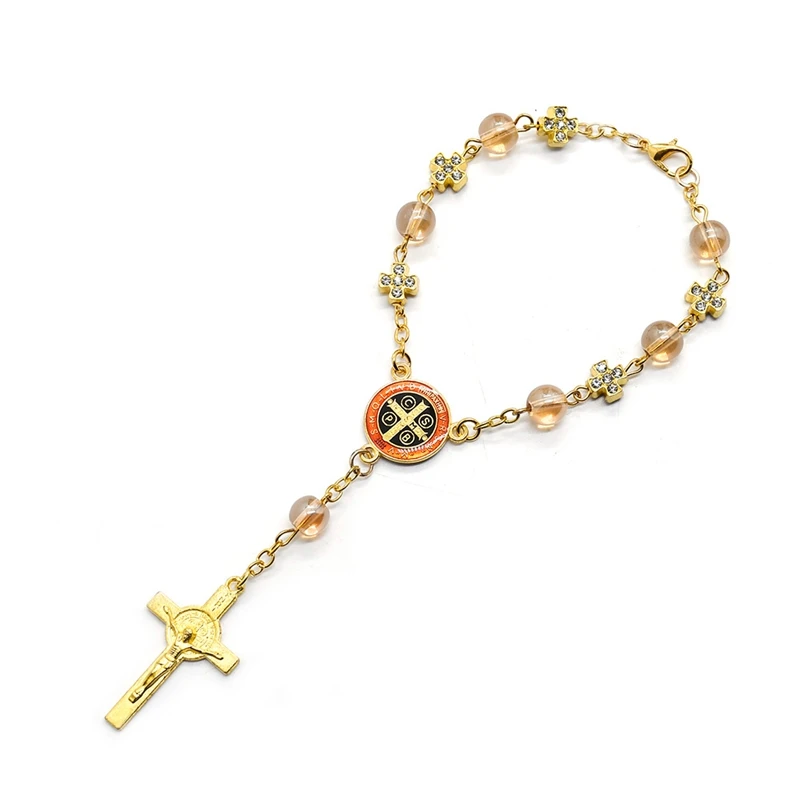 QIGO Saint Benedict Cross Rosary Bracelet Glass Beads Religiout Jewelry For Men Women