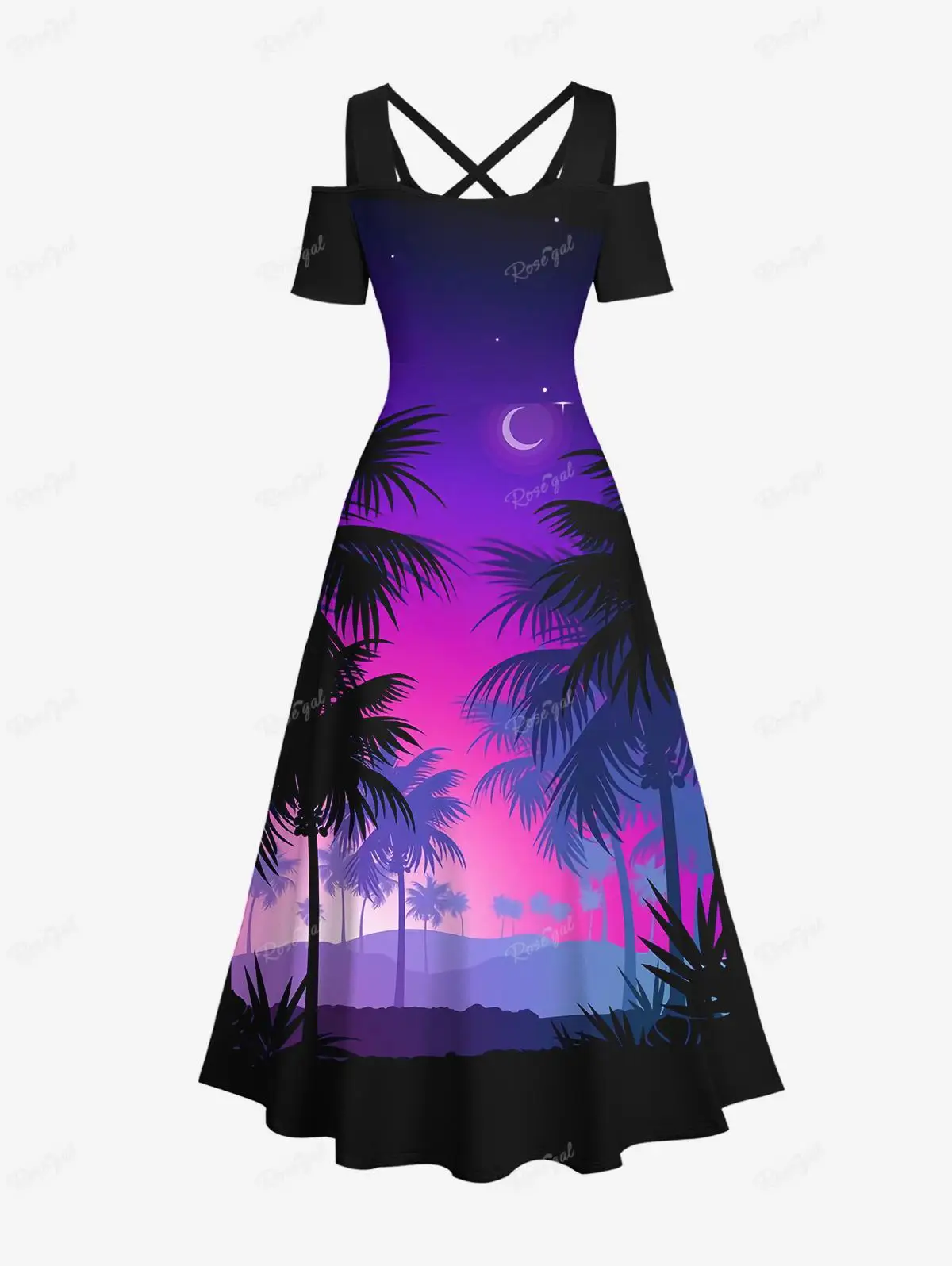 Plus Size Koude Schouder Hawaii Jurk Vestidos Платье Женское Летнее 2024 Kokospalm Maan Ster Ombre Geprint Kriskras