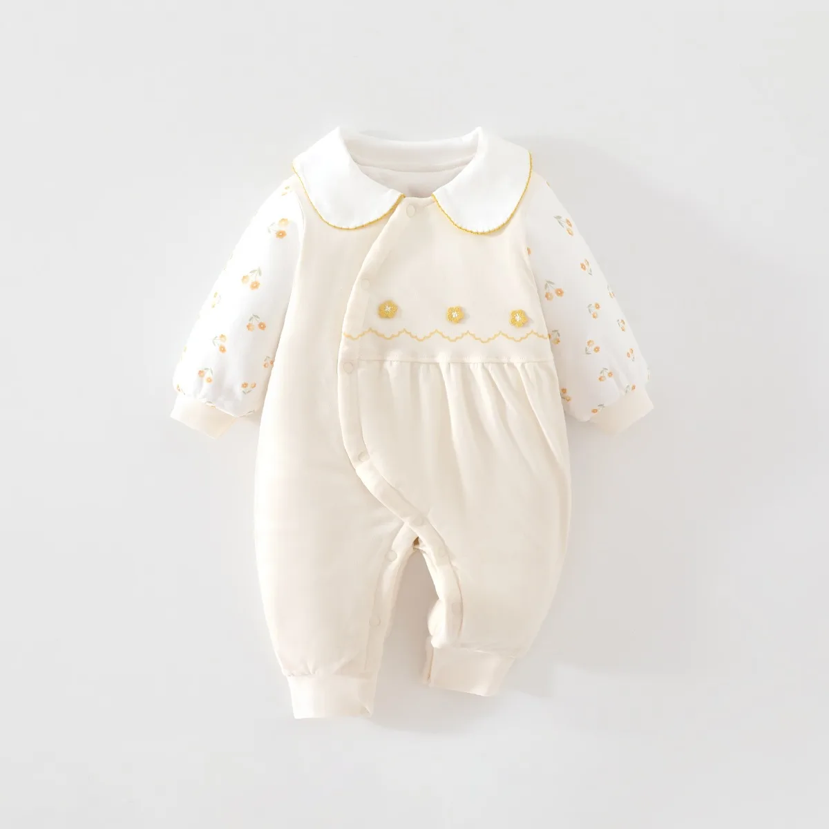 Peter Pan Collar Baby Girl Romper Soft Cotton Quilted Thermal Onesie with Cartoon Applique Lnfant Jumpsuit  0-16M Autumn Winter