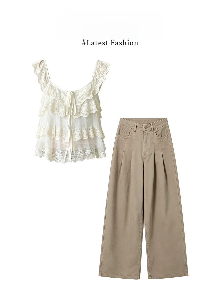 

Summer New Korean Style Short Sleeve Shirt Top Women High Waist Wide Leg Pants Two Piece Set Casual Comfortable Breathable