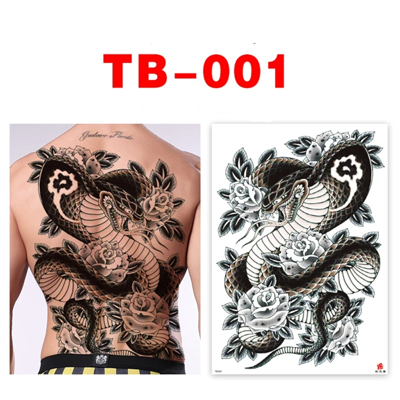 Black Dragon Snake Full Back Temporary Tattoo Stickers Men Waterproof Buddha Statue Tatuagem Masculina Cool Faux Tatouage Tattos