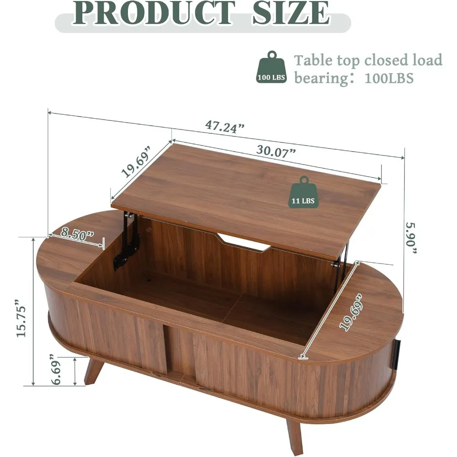 Mesa de centro pequeña con tapa elevable y puerta de pandereta corredera, mesa de centro curvada moderna de mediados de siglo 47,3 con mesa central ovalada de almacenamiento