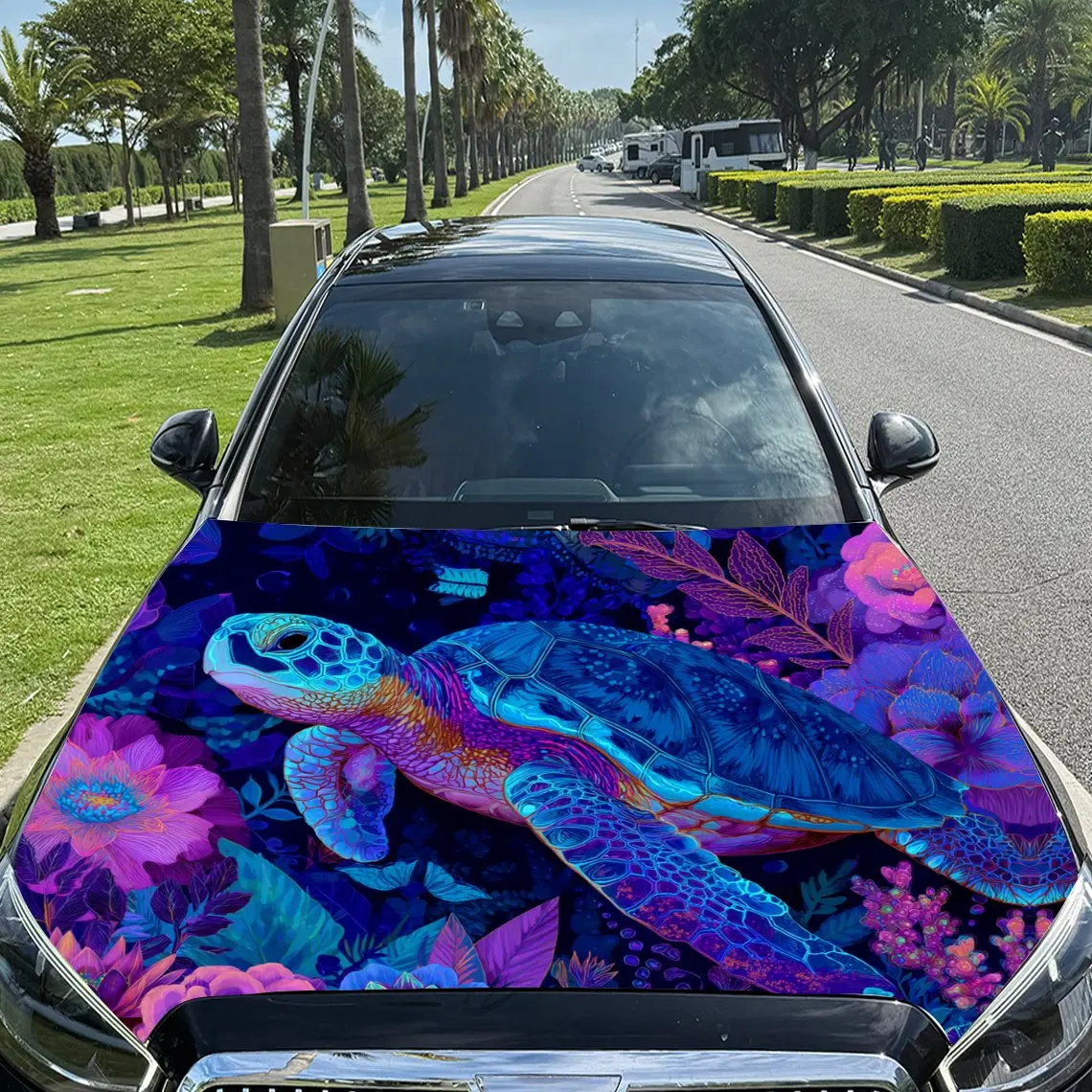 Dreamy Blue Sea Turtle and Colorful Flowers Car Vinyl Wrap, PVC Material Waterproof Car Hood Sticker, Self-Adhesive Scratch-Resi