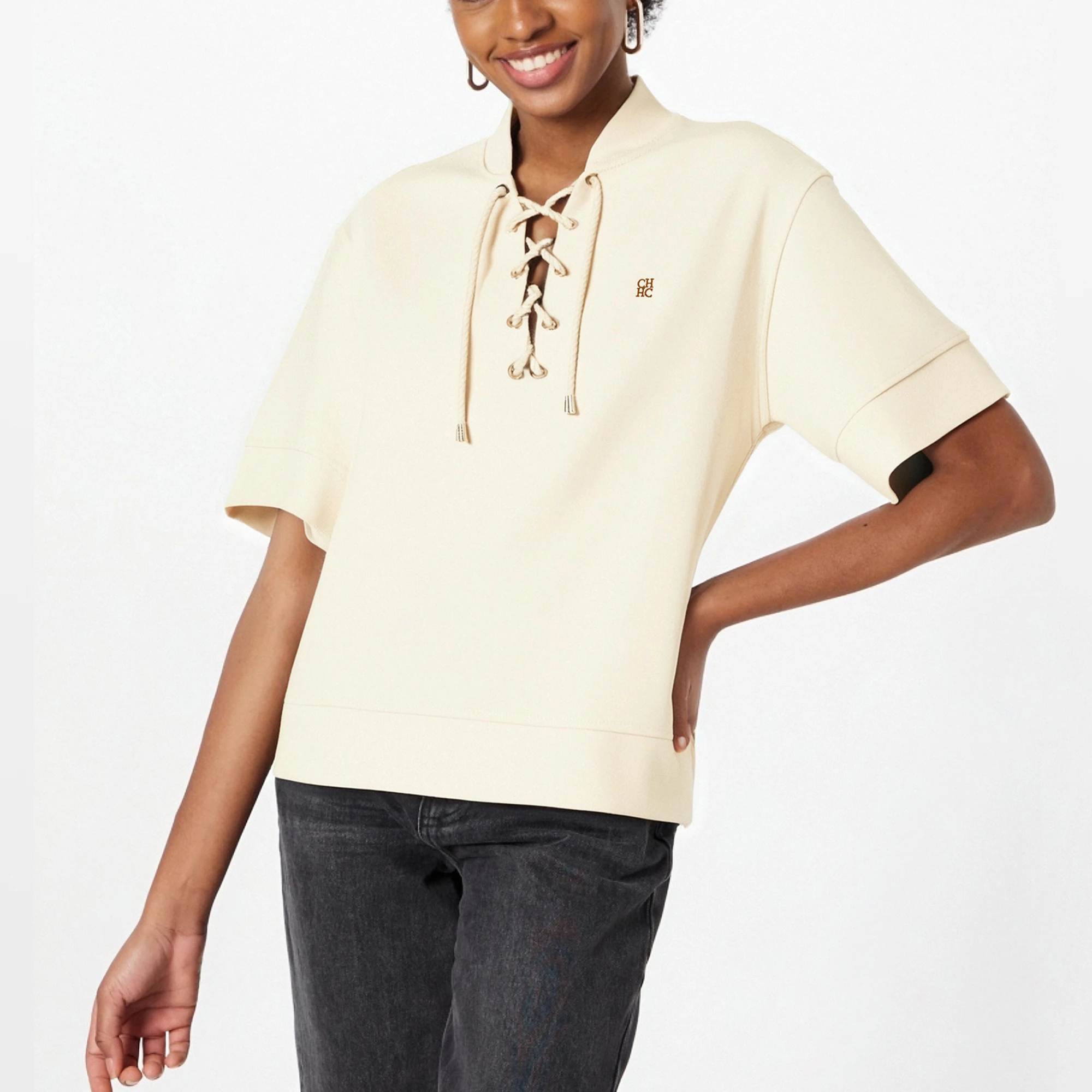 Women's T-shirt new beige minimalist V-neck top