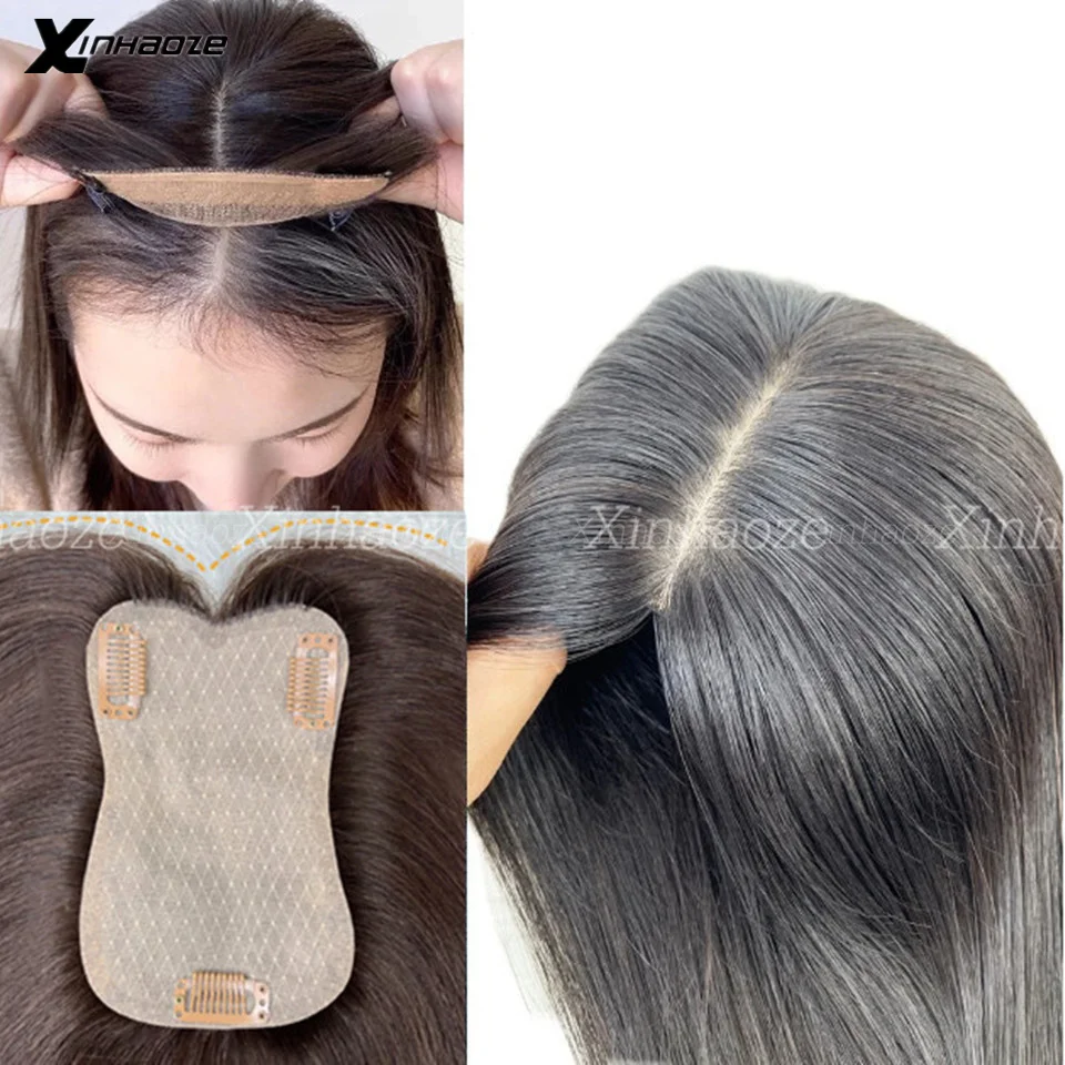 Adorno para el cabello de tamaño 8x12cm con 3 Clips para mujer, sin adelgazamiento, Base de seda, adorno de cabello humano negro