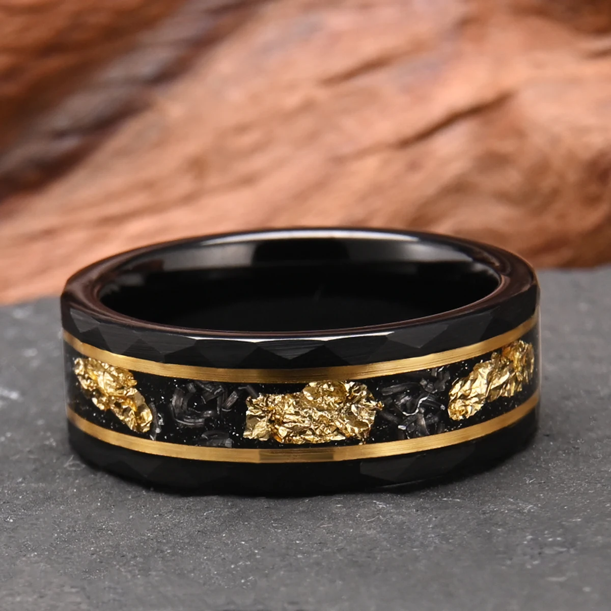 8mm Classic Fashion Tungsten Carbide Ring Black with Golden Foil Wedding Engagement Ring for Men and Women Jewelry Gift