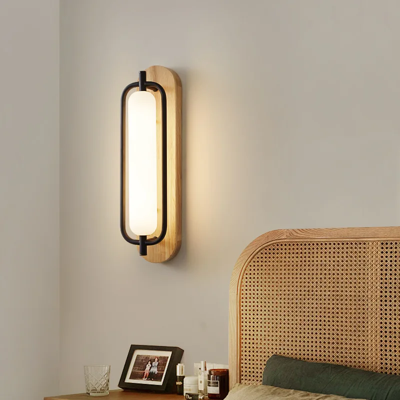 Mid Century Modern LED Wall Lamp Walnut Wood Base Black Metal Frame Long Frosted Glass Light Bedroom Living Room Hallway Sconces