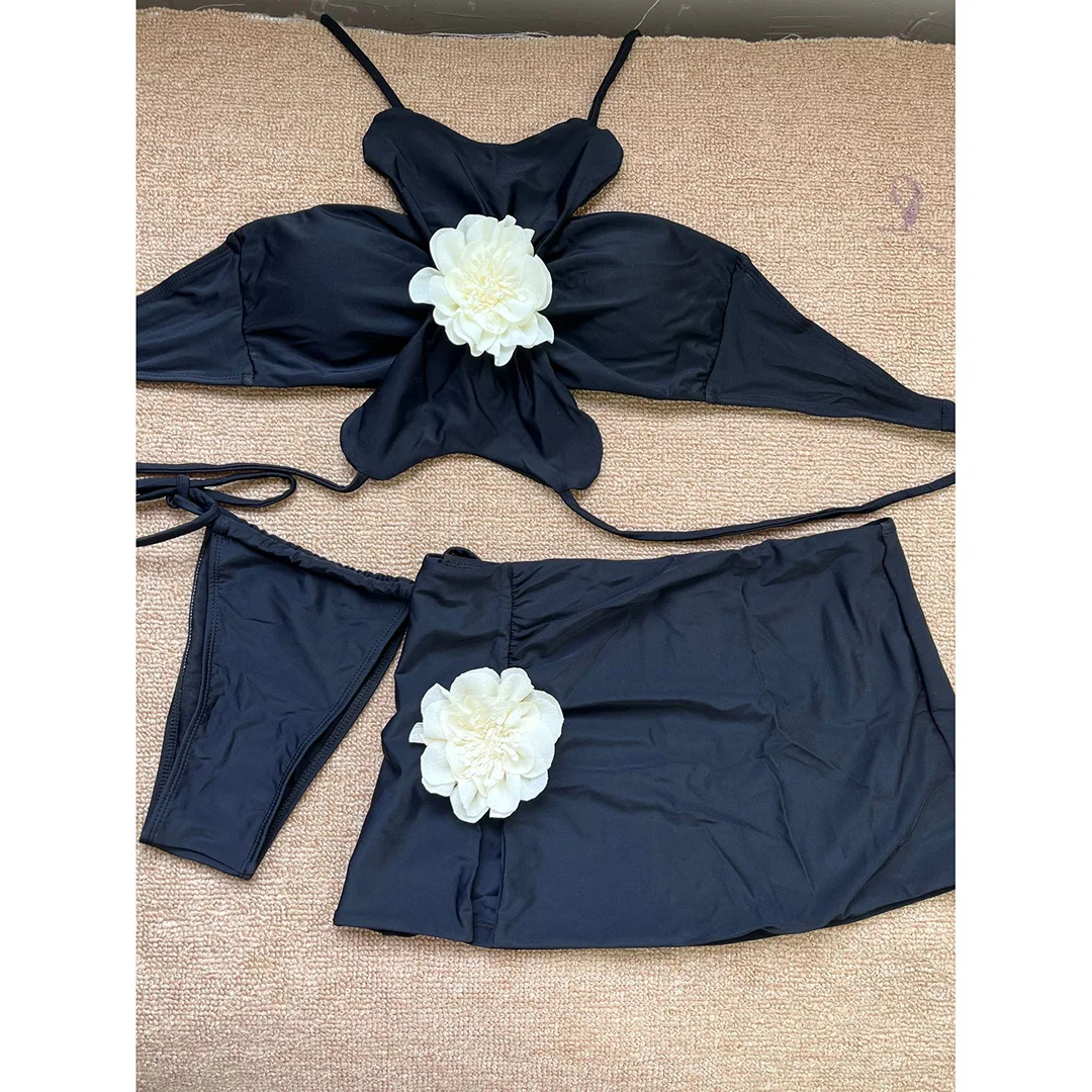 Mit Rock 3D-Blumen Neckholder-Bikini Damen-Badeanzug Damen-Bademode Dreiteiliges Bikini-Set Gepolsterter Badeanzug Badebekleidung V6699 – Detail 2