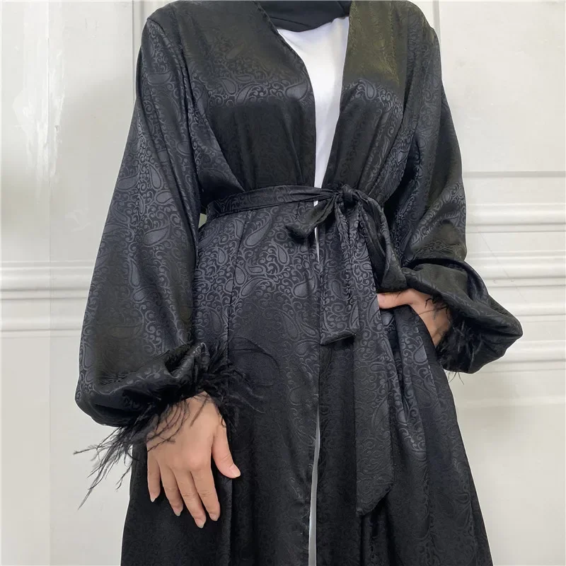 Satin musulman Abaya femmes Robe imprimer plume maroc fête longue Robe Islam turquie dubaï Eid Ramadan Robe Kimono Cardigan Kebaya