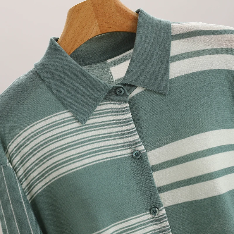 سترة نسائية محبوكة فضفاضة مفتوحة كاجوال مخططة اللون بلو سبليت طوق سترة الخريف Faion السيدات قسط متماسكة... #3