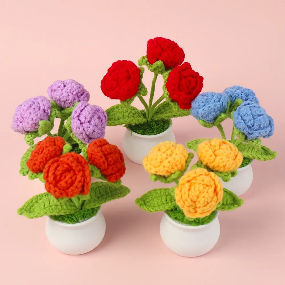 Knitted Rose Flower Potted Creative Crochet Flower Artificial Plant Graduation Gift Wedding Home Decor