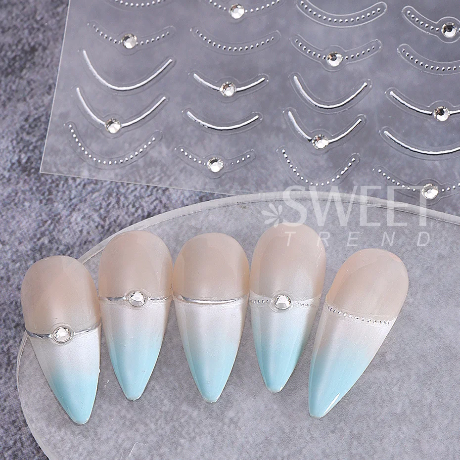 Metallic French Stripe Line Nail Sticker 3D Crystal Rhinestone Gold Silver Smile Line Simple Adhesive Slider DIY Nail Decoration