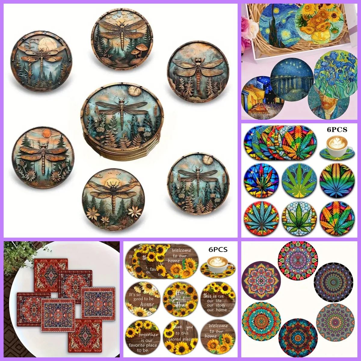 6 Pieces of round coaster Mandala, Dragonfly theme Pattern, wooden Material, gift for ladies lovers, for Personal use or as a