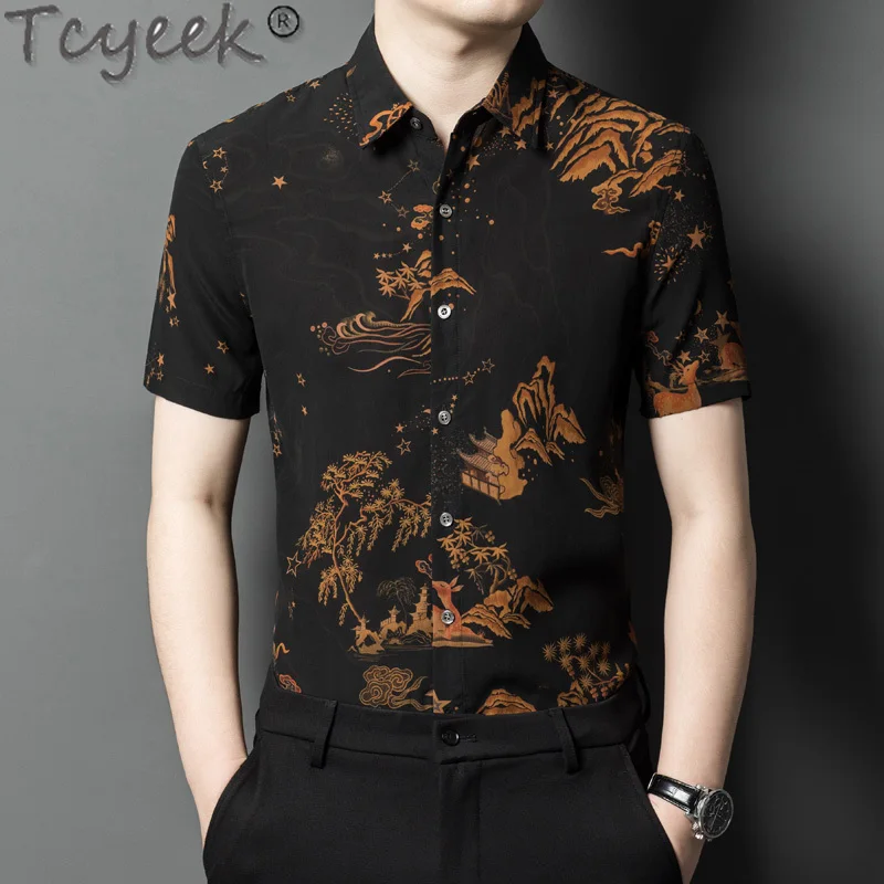 Tcyeek 100% Mulberry Silk Shirt for Men Natural Silk Shirts Thin Style Summer Short Sleeve Top Business Casual Mens Shirts Print