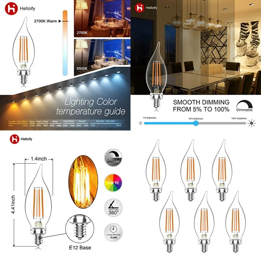 

60W Equivalent Dimmable 5.5W BA11 CF35 Vintage LED Edison Filament Candles Light Bulbs, 500lm Clear Glass Candelabra/Chandelier