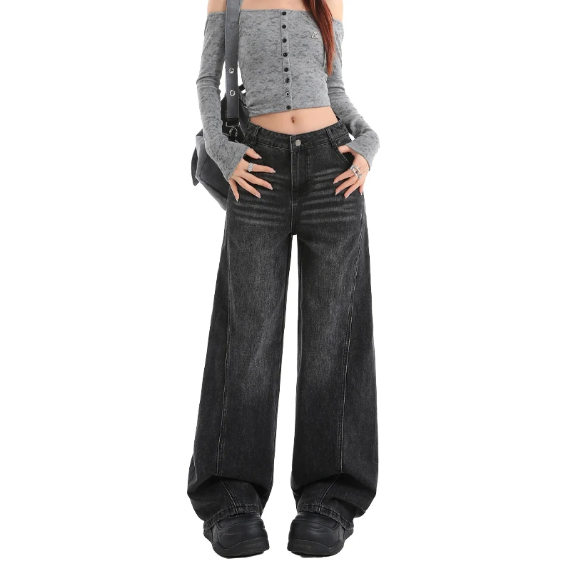 Damskie dżinsy na jesień/zimę 2025, nowa amerykańska edycja w kolorze szarego mgły, wyszczuplające, z haftowanym plecakiem, luźne, z efektem ciągnięcia się po podłodze.