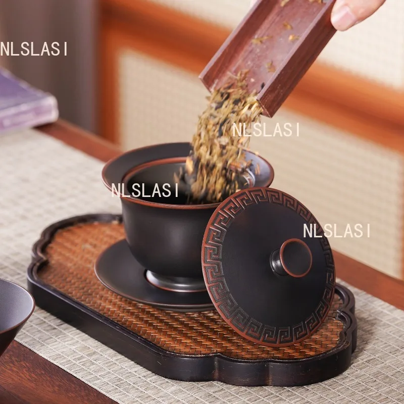 200ml Yunnan Purple Pottery Covered Bowl Full Hole Black Lid Bowl Anti Scalding Tea Bowl Handmade Tea Sets Teaset Accessories
