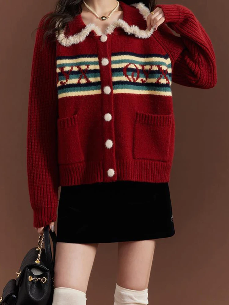 Rood Retro Gebreid Vest Zoet Gestreept Vrouwen Herfst Luie Wind Slim Fit Truien Peter Pan Kraag Knop Kawaii Casual Nieuwe Tops