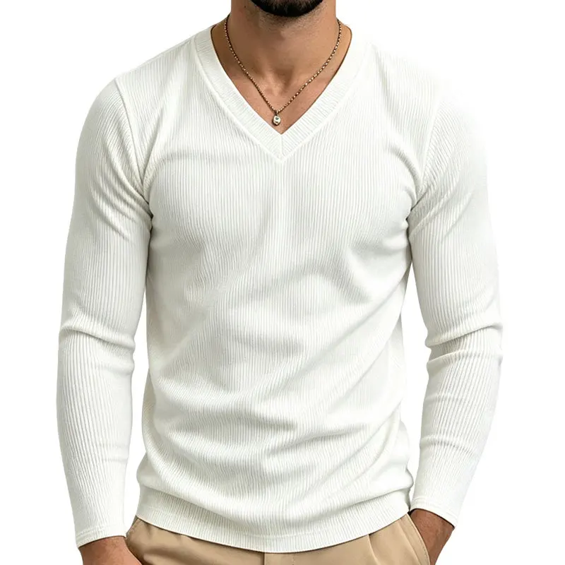 Autumn Winter Mens Tshirt V Neck Solid Color Long Sleeve Tees Men Fashion Smart Casual T Shirt Daily Knitted Pullover Tops Man