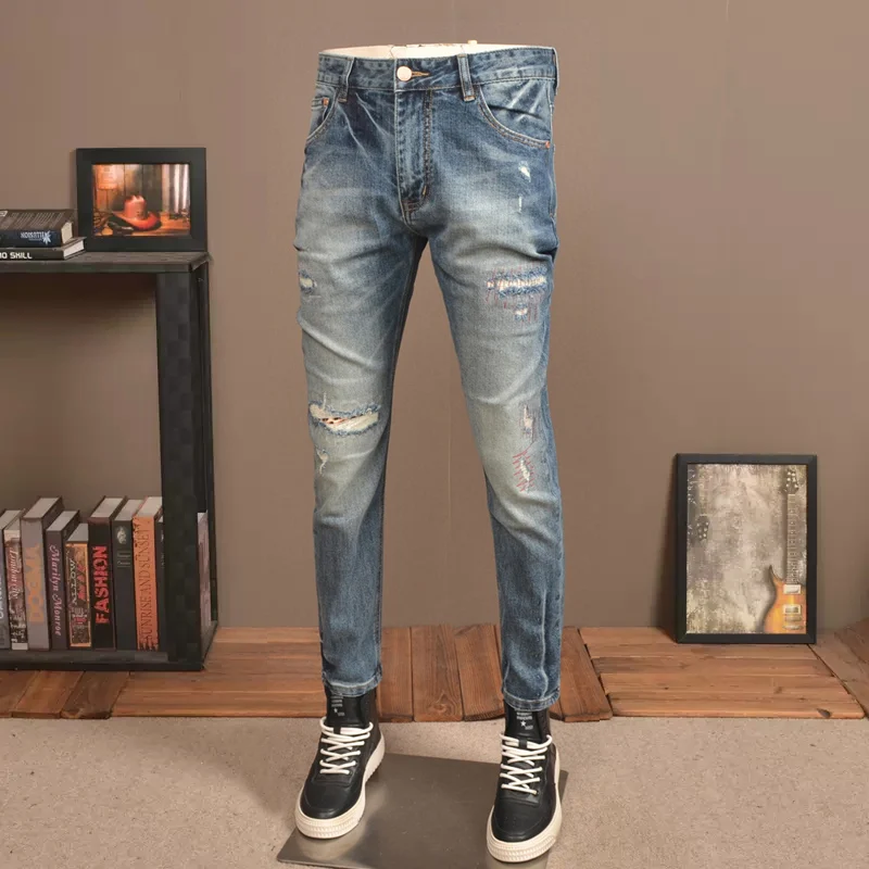 Fashion Streetwear Men Jeans Retro Blue Plain Wash Elastic Slim Ripped Jeans Men Patchwork Designer Vintage Denim Pants Hombre