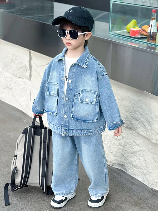 

Boys' Faionable Spring Autumn Denim Set Long Sve Sweatirt And Long Pants Cotton Blend Casual Sportswear Two Piece Suit