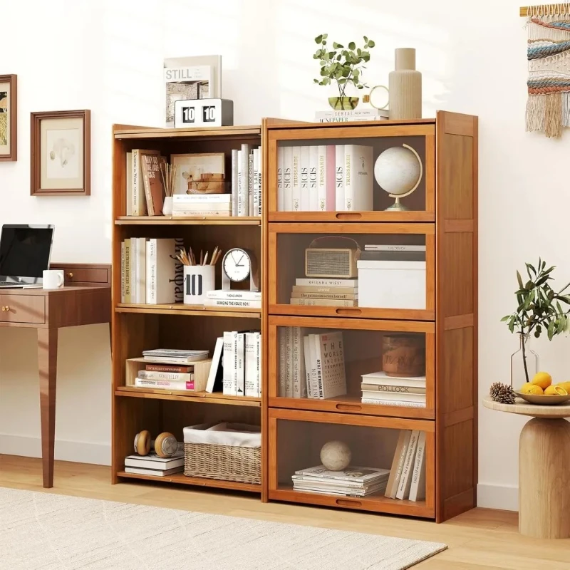 4 Tier Bamboo Bookcase With Clear Acrylic Doors Flip Up Design Freestanding Cube Storage Organizer