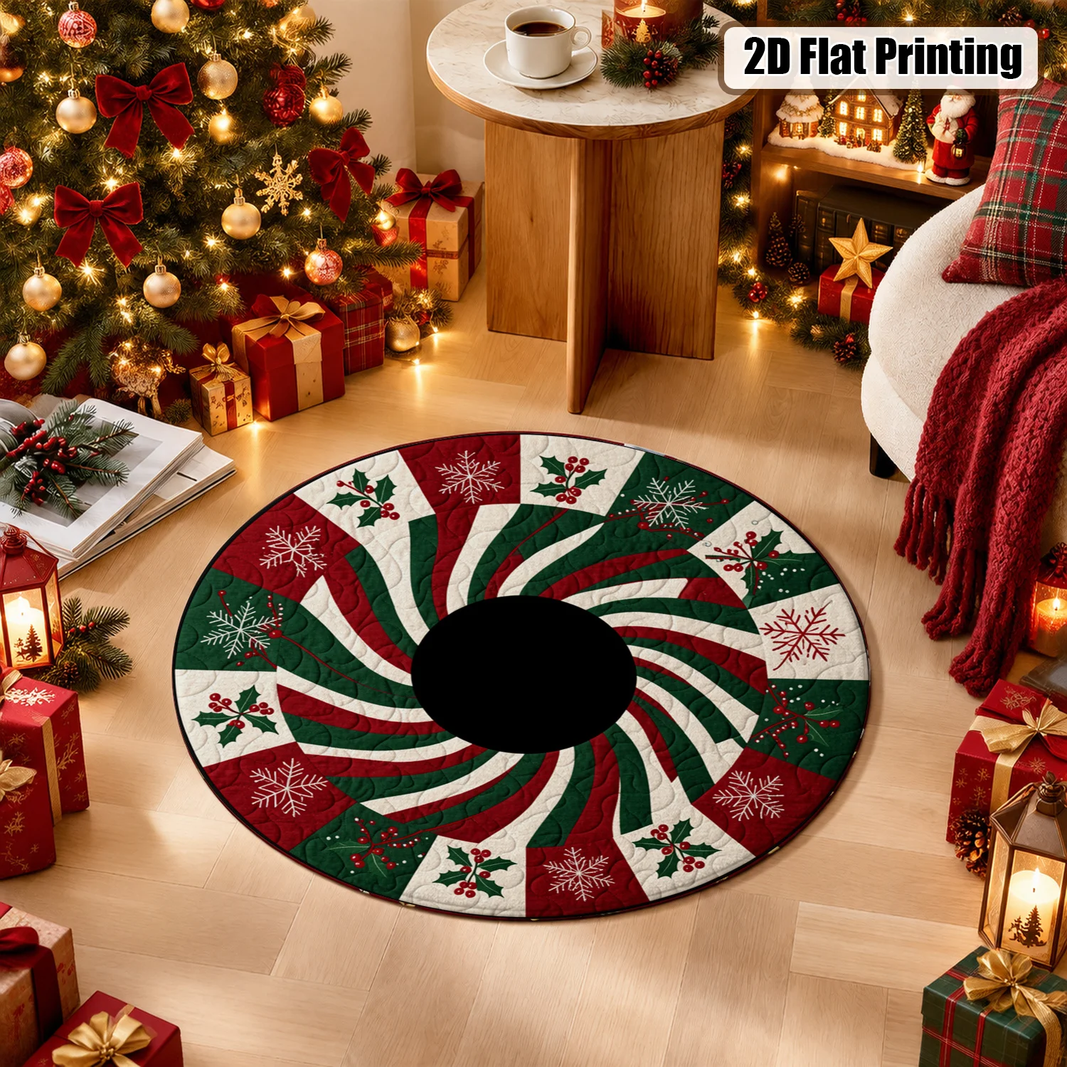 Peppermint Swirl Holly Snowflake Tree Skirt Velvet Machine Washable Living Room Holiday Decor Party Display Home Ornament Halloween Thanksgiving Black Friday Christmas New Year
