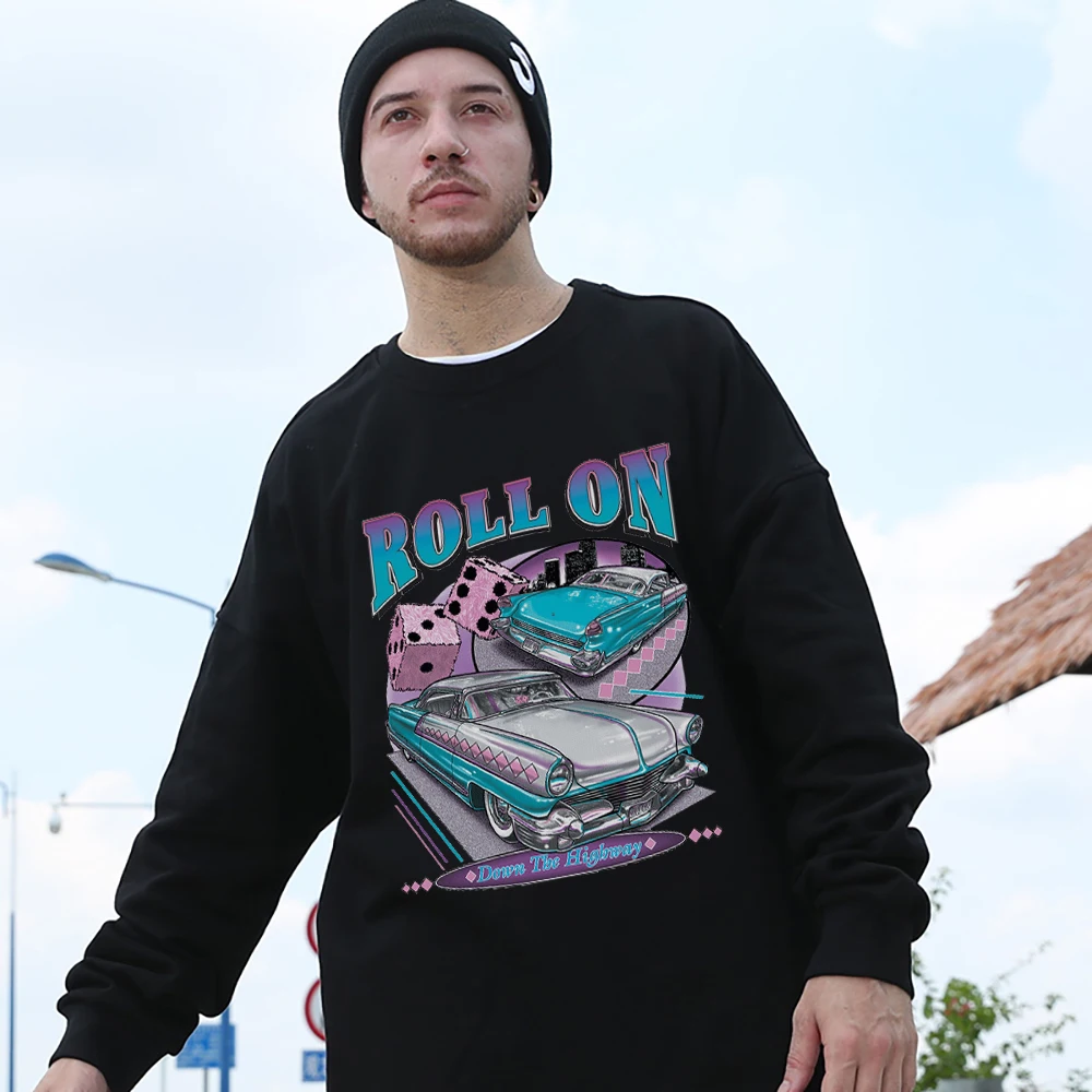 Roll On Down The Highway Retro Car Printed Man Cotton Sweatshirt Street Vintage Oversize Hoodies Casual Fashion Couple Pullovers