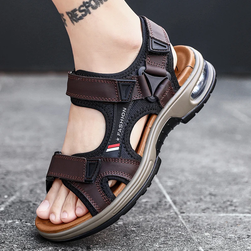 Sandalias de moda para hombre, chanclas de playa suaves de verano, cómodas sandalias de cuero genuino, sandalias romanas para hombre al aire libre, talla 46