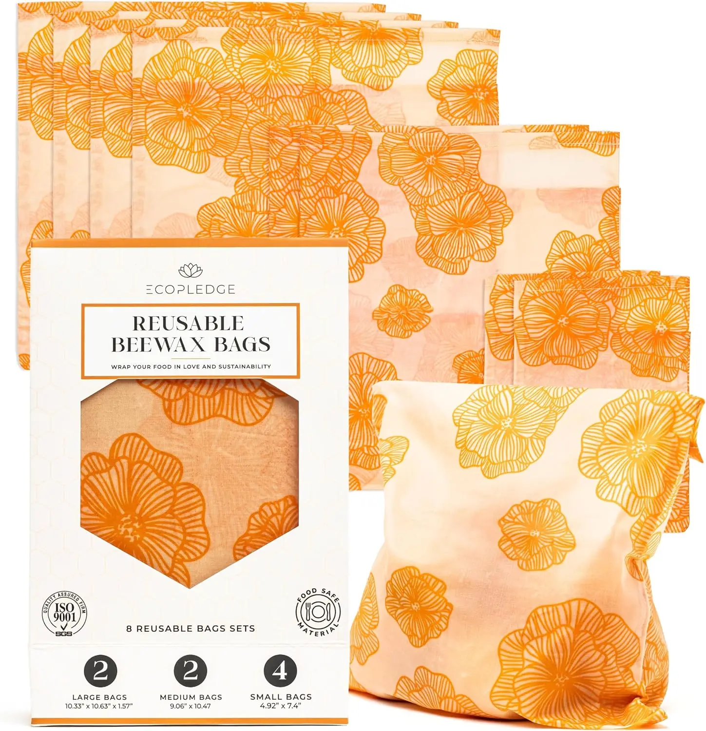 

Reusable Beeswax Food Storage Bags, 8-Pack with Sizes, Natural Plastic-Free Alternative