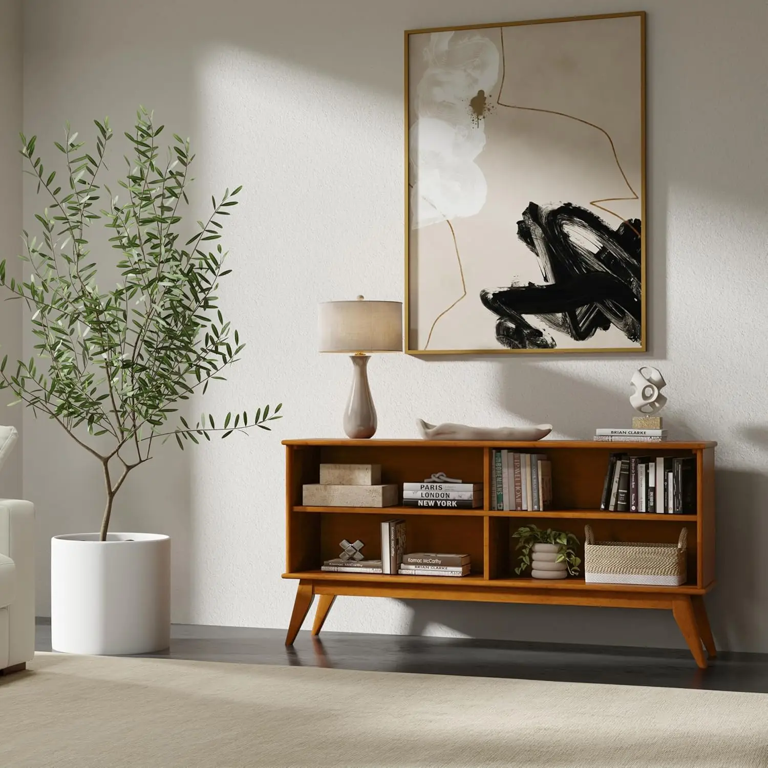 Draper Solid Hardwood 30 Inch X 64 Inch Mid  Modern Low Bookcase In Teak Brown For The Living Room, Study Room And Office