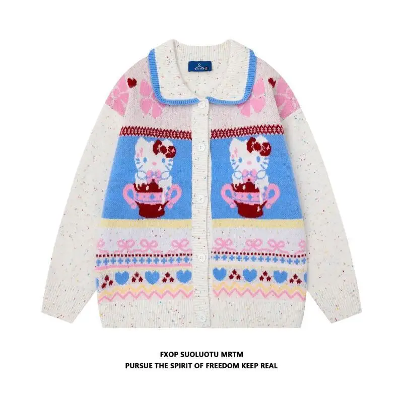 

Кардиган Sanrio Hello Kitty, вязаный, женский, зимний, в корейском стиле, милый, с разноцветными точками, в стиле фейр-айл, с отложным воротником, повседневный, в стиле «ленивый шик»